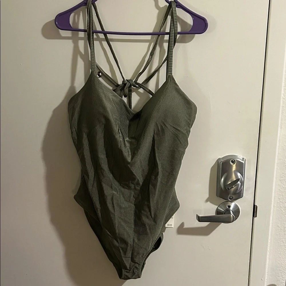Olive Green Ribbed One-Piece Swimsuit - Picture 1 of 3
